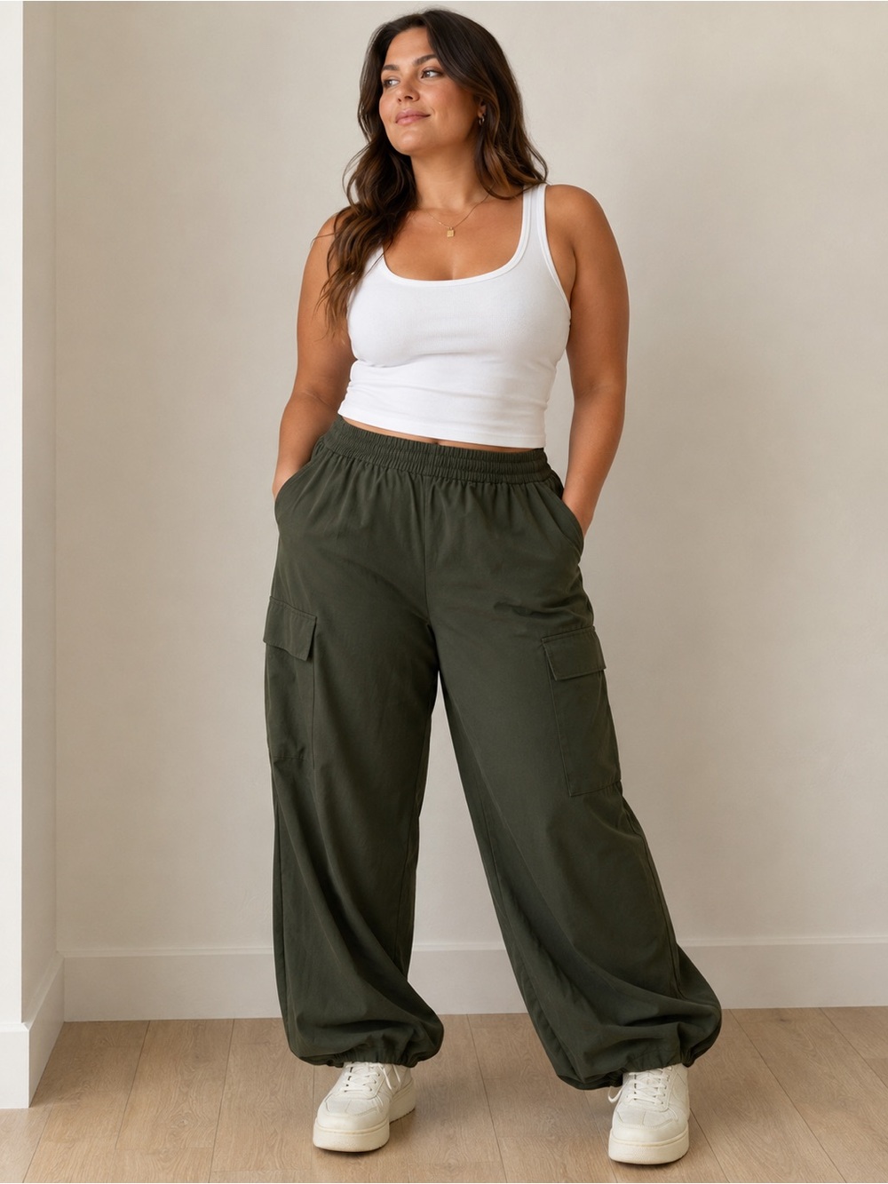Modern Works Olive Green Cargo Jogger Pants Women’s Large Parachute pants